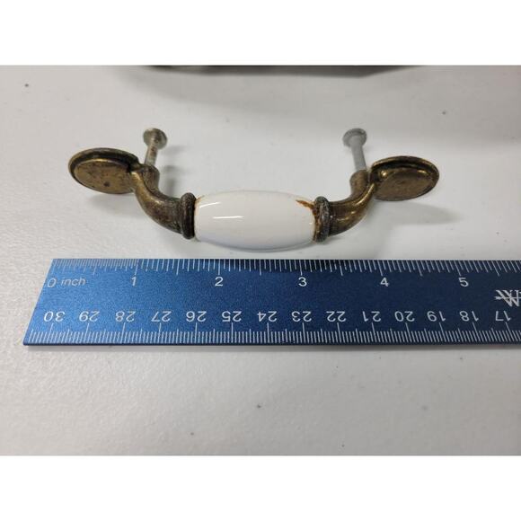 Lot of 4 Vintage Brass Porcelain Cabinet Pulls Handles White 5" 3" Taiwan - Picture 3 of 6